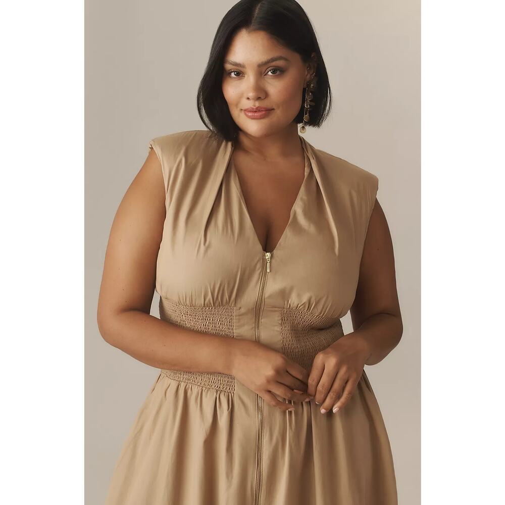 NWT ANTHROPOLOGIE The Tommie Zip-Front Midi Dress $178 PLUS 2X Neutral - Picture 2 of 4
